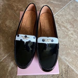 kate spade Black Patent Leather Loafers with White Polka Dot Band